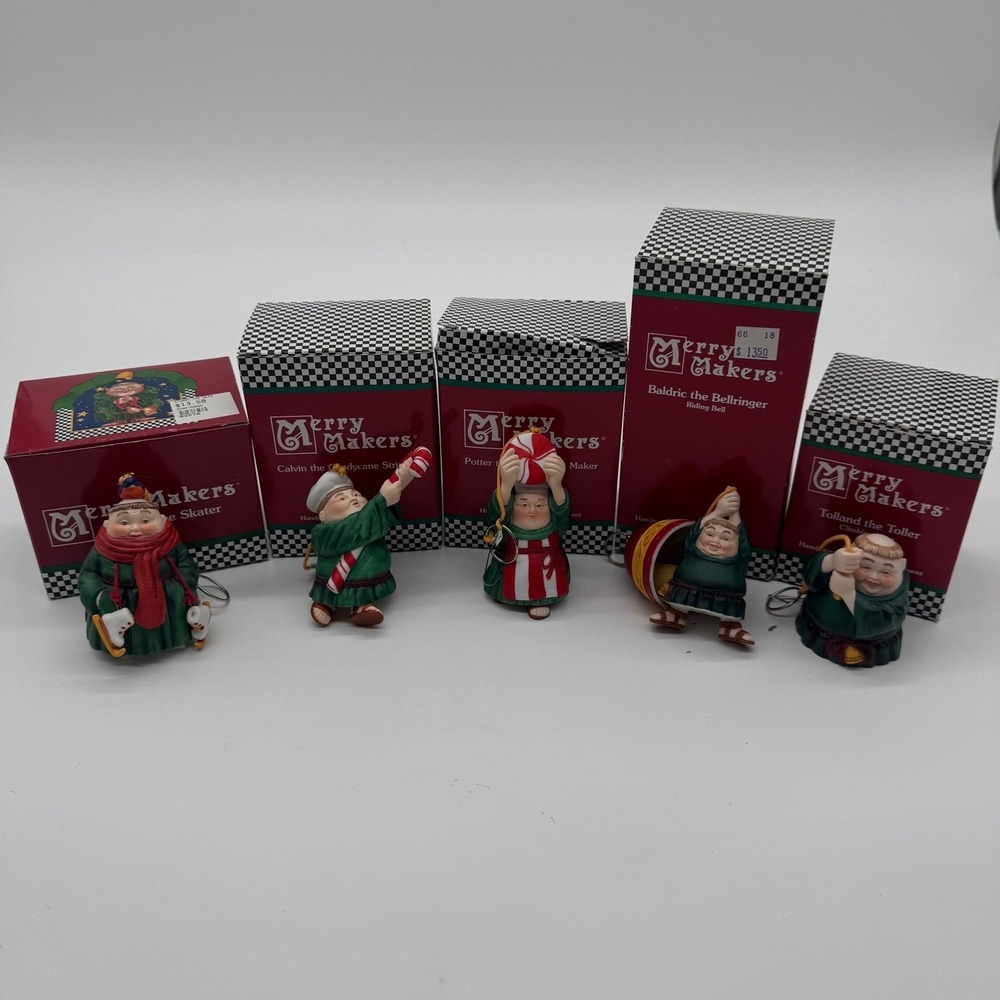 Merry Makers Handpainted Porcelain Christmas Ornaments Set 5 Monk Figures Boxed